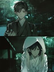  1boy 1girl absurdres black_hair black_haori black_kimono commentary crying fox_mask_(silent_hill) grey_eyes hair_between_eyes haori highres hood hood_up japanese_clothes kimono looking_at_another outstretched_hand parted_lips rain shimizu_hinako short_hair silent_hill_(series) silent_hill_f tears uchikake untranslatable_commentary upper_body white_hood white_kimono yuno_11_02 