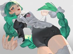  1girl apron ass black_romper blunt_bangs bow bowtie braid braided_ponytail green_hair highres juliet_sleeves lebanne_(pokemon) long_hair long_sleeves maid_apron maid_headdress mega_stone naz_(hsae3838) open_mouth pokemon pokemon_legends:_z-a puffy_sleeves romper smile solo teeth tsurime upper_teeth_only very_long_braid white_bow white_bowtie 
