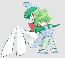  1boy ^_^ arm_around_shoulder arms_up blue_shirt closed_eyes flying_sweatdrops gallade green_hair green_pants grey_background highres long_sleeves looking_to_the_side male_focus open_mouth pants pokemon pokemon_(creature) pokemon_omega_ruby_and_alpha_sapphire red_eyes shirt shoes sideways_glance simple_background sneakers sok_(mr14_c) wally_(pokemon) white_shoes 