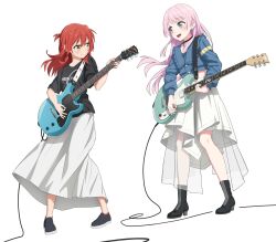  2girls absurdres bang_dream! bang_dream!_it's_mygo!!!!! black_boots black_choker black_shirt black_shoes blue_jacket bocchi_the_rock! boots cable chihaya_anon choker closed_mouth commentary crossover earrings electric_guitar esp_guitars fang g9in32 green_eyes grey_eyes guitar guitar_strap high_heel_boots high_heels highres holding holding_guitar holding_instrument instrument instrument_connection jacket jewelry kita_ikuyo long_hair long_skirt medium_skirt multiple_girls one_side_up open_mouth pink_hair pink_socks red_hair shirt shoes simple_background skirt socks teeth untranslatable_commentary upper_teeth_only white_background white_skirt 