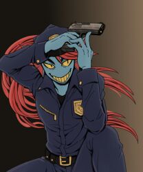  1girl 2019 2bori1 2d anthro black_background blue_hat blue_pants blue_shirt blue_skin chief_undyne collared_shirt colored_sclera colored_skin colored_teeth deltarune digital_media ear_fins female female_only fins fish fish_girl gradient_background grey_background gun hat head_fins high_ponytail highres holding holding_gun holding_weapon long_hair long_sleeves monster monster_girl on_one_knee pants police_uniform policewoman ponytail red_hair shirt slit_pupils solo teeth third-party_source two-tone_background undyne utdr_(toby_fox) weapon yellow_sclera yellow_teeth 