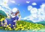  1girl absurdres brown_hair child clannad clouds dango_daikazoku flower from_behind highres mafelili okazaki_ushio running sailor_dress school_uniform 