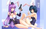  arm_support bare_legs black_hair bowtie breasts bunny_ears bunny_girl bunny_tail bunnysuit cleavage cuffs gun handgun hat high_heels inaba_tewi large_breasts legs long_hair medium_breasts pico_(picollector79) pistol purple_hair red_eyes reisen_udongein_inaba shoes short_hair tail touhou v wallpaper weapon wrist_cuffs 
