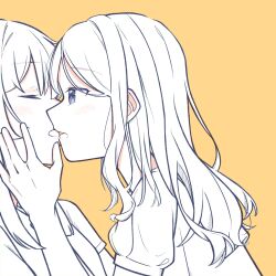  2girls absurdres akayukikaede bang_dream! bang_dream!_it's_mygo!!!!! blue_eyes blush chihaya_anon closed_eyes commentary_request greyscale_with_colored_background hand_on_another's_face highres imminent_kiss long_hair looking_at_another multiple_girls nagasaki_soyo parted_lips shirt simple_background yellow_background yuri 