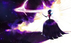  1girl absurdres alternate_color beelzeart3 black_dress blue_hair bob_cut commentary dress elbow_gloves english_commentary gardevoir gloves highres mega_gardevoir mega_pokemon pokemon pokemon_(creature) red_eyes shiny_pokemon watermark white_gloves 