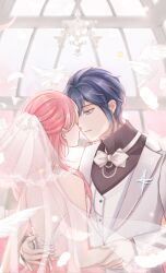  1boy 1girl adapted_costume aeon_(shining_nikki) backless_dress backless_outfit bare_arms bare_shoulders bird black_shirt blazer blue_eyes blue_hair bow bowtie bridal_veil bride buttons chandelier chinese_commentary collared_jacket commentary_request covered_collarbone cross_pin day dove dress feathers from_behind groom hair_over_shoulder hand_on_another's_arm hand_on_another's_back hand_on_another's_hip hetero highres husband_and_wife imminent_kiss indoors interruption_(echo-023) jacket jewelry lapel_pin lapels layered_sleeves light_particles light_smile long_hair long_sleeves looking_at_another nikki_(nikki) nikki_(series) notched_lapels parted_lips pink_dress pink_hair pink_sky pointy_nose ring see-through_clothes see-through_veil shining_nikki shirt short_hair shoulder_blades sky strapless strapless_dress striped_clothes striped_vest suit traditional_bowtie turtleneck turtleneck_shirt tuxedo upper_body veil vertical-striped_clothes vertical-striped_vest vest wedding wedding_ring white_bow white_bowtie white_jacket white_suit white_veil white_vest window 