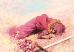  absurdres eyes_closed flower highres kio_naoki lying moon original pink_hair solo sword weapon 