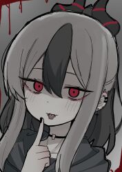  1girl absurdres black_choker black_hair black_horns black_nails blue_archive choker closed_mouth ear_piercing fangs fangs_out hair_between_eyes highres horns kayoko_(blue_archive) looking_at_viewer multicolored_hair nyanzai-sensei piercing red_eyes shaded_face sidelocks solo tongue tongue_out two-tone_hair white_hair 