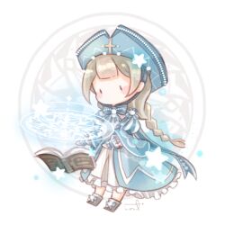  1girl beads black_boots black_eyes blue_bow blue_bowtie blue_dress blue_hat blunt_bangs blush_stickers book boots bow bowtie braid brown_hair chibi chinese_commentary commentary_request cross cross_hat_ornament cross_print dress floating floating_book floating_object footwear_bow frilled_sleeves frills hair_bobbles hair_ornament hat interruption_(echo-023) juliet_sleeves layered_dress layered_sleeves long_dress long_hair long_sleeves looking_at_object low_twin_braids magic_circle mitre nikki_(series) no_mouth open_book pom_pom_(clothes) priest print_sleeves puffy_long_sleeves puffy_sleeves shining_nikki signature solid_oval_eyes solo star_(symbol) star_fairytale_(shining_nikki) twin_braids vertical-striped_sleeves very_long_hair white_background white_dress 