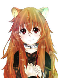  1girl animal_ear_fluff animal_ears black_dress brown_dress brown_hair child closed_mouth collar commentary_request dress hair_between_eyes hand_grab highres long_hair long_sleeves ma_bo_do_hugozen messy_hair metal_collar metal_wrist_cuffs pov pov_hands raccoon_ears raccoon_girl raphtalia raphtalia_(young) red_dress red_eyes short_sleeves simple_background smile solo split_mouth straight-on tanuki tate_no_yuusha_no_nariagari upper_body white_background yellow_dress 