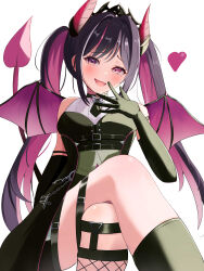  1girl absurdres arm_strap asymmetrical_legwear azki_(hololive) azki_(little_devil)_(hololive) belt black_choker black_dress black_gloves black_hair black_necktie black_shorts black_tail black_tiara butterfly_brooch choker colored_inner_hair commentary_request crossed_legs demon_girl demon_horns demon_tail demon_wings dress elbow_gloves fang fishnet_kneehighs gloves gradient_tail heart highres hololive horns invisible_chair legwear_garter long_hair mismatched_legwear mole mole_under_eye multicolored_hair multicolored_horns necktie official_alternate_costume official_alternate_hairstyle open_mouth pink_eyes pink_hair pink_horns pink_tail pon47606461 raised_inner_eyebrows shirt short_necktie short_shorts shorts simple_background single_fishnet_legwear single_legwear_garter sitting sleeveless sleeveless_shirt solo strapless strapless_dress streaked_hair swept_bangs tail thigh_belt thigh_strap tiara twintails underbust uneven_legwear very_long_hair virtual_youtuber wallet_chain white_background white_hair white_shirt wings 