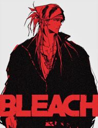  1boy abarai_renji bandana black_jacket bleach body_markings breasts commentary_request copyright_name furrowed_brow highres jacket jewelry korean_commentary long_hair looking_at_viewer male_focus monochrome necklace parted_lips red_hair sideboob solo upper_body white_background xunayk 