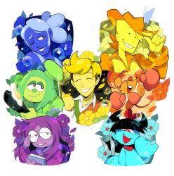  2girls 2others 3boys absurdres aqua_(deltarune) aqua_dress aqua_flower aqua_skin bandana black_hair blonde_hair blue_(deltarune) blue_flower blue_hair blue_skin book boxing_gloves bug butterfly chef chef_hat colored_skin cowboy cowboy_hat cyclops deltarune drawloverlala dress fang flower flowery_(deltarune) fried_egg frying_pan glasses green_(deltarune) green_flower green_hair green_skin hair_ribbon hat highres holding holding_book holding_frying_pan holding_knife knife long_hair looking_at_viewer mouse_(animal) multiple_boys multiple_girls multiple_others one-eyed one_eye_closed orange_(deltarune) orange_bandana orange_flower ponytail purple_flower purple_hair purple_skin rainbow red_ribbon ribbon seth_(deltarune) smile two-tone_vest utdr_(toby_fox) white_background yellow_(deltarune) yellow_flower yellow_skin 