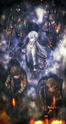  1girl 4others assault_rifle black_gloves blue_eyes bulletproof_vest chest_rig cloak coat commission ear_ornament from_above gloves gun helmet highres jhands_onpc long_hair looking_at_viewer low_ponytail machine_gun military_combat_uniform military_uniform multiple_others original ponytail rifle rocket_launcher rpg_(weapon) shirt smoking_pipe sniper_rifle solo_focus standing submachine_gun weapon white_coat white_hair white_shirt wide_shot 