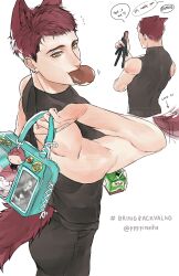  absurdres animal_ears arm_strap bag chocolate_milk commentary crew_cut dialogue english_commentary highres love_and_deepspace male_focus red_hair tail valko_(love_and_deepspace) watermark werewolf wolf_boy wolf_ears wolf_tail yellow_eyes 