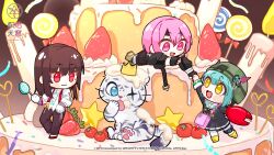  1other 3girls absurdres animal black_hair bungo_yayoi byakko_(heaven_burns_red) cake candle candy chibi chibi_only copyright_logo copyright_name copyright_notice crab_claw crown fake_horns food fruit green_hair heaven_burns_red helmet highres holding holding_candy holding_food holding_lollipop horned_helmet horns key_(company) logo lollipop long_hair matsuoka_chiroru multiple_girls official_art pink_eyes pink_hair red_eyes scar scar_across_eye scar_on_face short_hair strawberry suspenders tiger tomato white_tiger yanagi_mion yellow_eyes 