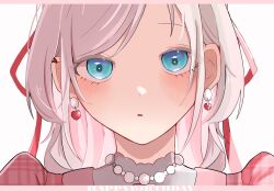  1girl blue_eyes blush ceras_yanagida_lilienfeld close-up commentary dress earrings hair_ribbon happy_birthday heart heart_earrings heart_in_eye highres jewelry long_hair looking_at_viewer love_live! love_live!_hasu_no_sora_jogakuin_school_idol_club parted_lips pink_dress plaid_clothes plaid_dress red_ribbon ribbon roku_aya_fuyu simple_background solo symbol_in_eye untranslatable_commentary virtual_youtuber white_background white_hair 