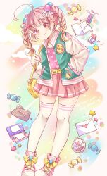  1girl ahoge animal_bag badge bag belt blonde_hair blush book bow braid braided_twintails candy chibana_sora commentary decora english_text envelope food food-themed_hair_ornament full_body gradient_hair green_jacket hair_ornament hairclip hand_in_pocket handbag handheld_game_console heart highres holding jacket letter letterman_jacket long_sleeves looking_at_viewer medium_hair miniskirt multicolored_hair nintendo_ds open_clothes open_jacket original pink_hair pink_shirt pink_skirt pleated_skirt rabbit_hair_ornament shirt shoes shoulder_bag skirt smile sneakers solo standing star_(symbol) thigh-highs twin_braids twintails variant_set white_thighhighs wrapped_candy zettai_ryouiki 