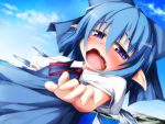  1girl blue_eyes blue_hair blush cirno fang hair_ribbon pointy_ears ribbon sasasa_(nashi) short_hair solo touhou wavy_mouth 