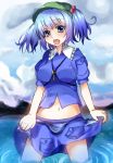  blue_eyes blue_hair breasts hair_bobbles hair_ornament hat highres in_water kawashiro_nitori key midriff navel shromann skirt skirt_hold solo touhou twintails wading water 