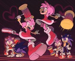  1boy 1girl amy_rose angry boots commentary dress english_commentary eyelashes full_body furry furry_female furry_male gloves green_eyes hammer hedgehog_boy hedgehog_girl highres holding holding_hammer kiioki11 open_mouth pink_fur pink_hair sonic_(series) sonic_the_hedgehog standing 