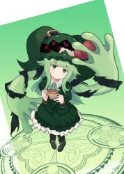  book_of_star_mythology clover cup expressionless fuma_mishandra green_eyes green_hair green_ribbon green_shirt green_skirt green_theme highres holding holding_cup juliet_sleeves lazypea leprechaun long_sleeves looking_at_viewer magic_circle prehensile_hair puffy_sleeves pumpkin_hat ribbon saint_patrick's_day shirt skirt teacup touhou white_trim 