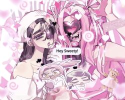  2girls alien_stage black_hair chibi chibi_inset commentary_request curtained_hair dokusuji_(kw9onou58) dress food heart heart_in_mouth highres kamaboko long_hair microphone mizi_(alien_stage) multiple_girls narutomaki open_mouth pink_dress pink_hair ponytail stuffed_animal stuffed_toy sua_(alien_stage) teddy_bear violet_eyes white_background white_dress zombie_stage 