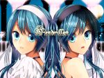  aqua_eyes aqua_hair back-to-back bad_id bare_shoulders cendrillon_(vocaloid) clone face hairband hatsune_miku lipstick makeup meiko_(puua) multiple_girls twintails vocaloid 