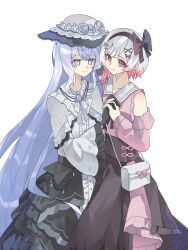  2girls absurdres artist_request bag bare_shoulders black_bow black_gloves black_hairband black_skirt book_off bow bow_hairband capelet chinese_commentary closed_mouth colored_eyelashes commentary_request commission cowboy_shot detached_sleeves dress flower frilled_capelet frilled_dress frilled_sleeves frills gloves gradient_hair hair_bow hair_ornament hairband hat hat_flower highres holding_hands interlocked_fingers layered_dress long_hair long_sleeves mahou_shoujo_no_majo_saiban multicolored_hair multiple_girls neck_ribbon official_alternate_costume overskirt pink_dress pink_eyes pink_hair ribbon sakuraba_ema second-party_source short_hair simple_background skirt smile spoilers tsukishiro_yuki white_background white_bag white_capelet white_dress white_eyelashes white_eyes white_hair white_hat wide_sleeves x_hair_ornament yuri 