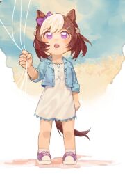  1girl :o aged_down animal_ears blue_jacket bow braid brown_hair buttons commentary dress ear_bow english_commentary full_body holding holding_string horse_ears horse_girl horse_tail jacket multicolored_hair open_mouth purple_bow sirius_ica socks solo special_week_(casual)_(umamusume) special_week_(umamusume) standing string tail teeth two-tone_hair umamusume upper_teeth_only violet_eyes white_dress white_hair white_socks 