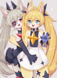 2girls :3 :d ahoge animal_ear_fluff animal_ears animal_hands armpit_crease asymmetrical_legwear bare_shoulders black_collar black_dress black_skirt black_thighhighs blue_eyes blush bracelet bright_pupils chain clear_(djmax) collar collarbone colored_inner_animal_ears commentary_request cuffs djmax djmax_respect double-parted_bangs dress eyepatch fail_(djmax) fox_ears frilled_skirt frills furrification furry grey_background hair_between_eyes hair_ornament hand_on_another's_arm hand_up high_collar highres hug jewelry korean_commentary long_hair looking_at_another looking_down matching_hairstyle matching_outfits mismatched_legwear mokumokuuma multiple_girls pawpads prosthesis prosthetic_arm raised_inner_eyebrows red_eyes red_thighhighs shackles sidelocks simple_background skirt sleeveless sleeveless_dress smile snout star_(symbol) star_hair_ornament star_ornament swept_bangs thigh-highs thighs twintails v-shaped_eyebrows very_long_hair waving white_collar white_dress white_pupils white_skirt 