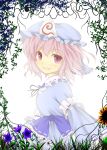  blue_dress blush bunchou_(bunchou3103) bust dress flower_field hat highres pink_eyes pink_hair saigyouji_yuyuko smile solo touhou vines 