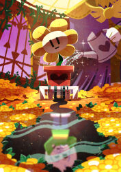  2boys :| absurdres asgore_dreemurr asriel_dreemurr cloak closed_mouth commentary_request different_reflection flower flower_pot flowey_(undertale) head_out_of_frame heart highres holding holding_watering_can ivy leaf multiple_boys purple_cloak reflection reflective_liquid sparkle undertale utdr_(toby_fox) watawata22 watering watering_can yellow_flower |_| 