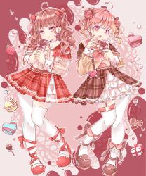  2girls ahoge asymmetrical_legwear blush bow box brown_hair brown_skirt cake candy chibana_sora chocolate commentary crepe earrings english_text food frilled_skirt frills fruit full_body garter_straps gift gift_box hair_bow heart heart-shaped_box heart-shaped_chocolate heart-shaped_food heart_ahoge highres holding jewelry letter lollipop long_hair long_sleeves looking_at_viewer love_letter multiple_girls open_mouth original pink_bow pink_eyes pink_hair plaid_clothes plaid_skirt red_bow red_eyes red_ribbon red_skirt ribbon shirt shoes single_thighhigh skirt smile standing strawberry thigh-highs thigh_strap twintails valentine white_shirt white_thighhighs 