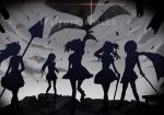  absurdres akemi_homura cape cloud clouds drill_hair german gun highres inajun kaname_madoka long_hair magical_girl mahou_shoujo_madoka_magica miki_sayaka multiple_girls polearm rifle sakura_kyouko shorts silhouette sky spear sword tomoe_mami translated walpurgis_no_yoru_(madoka_magica) walpurgisnacht_(madoka_magica) weapon 