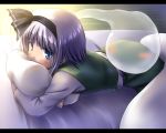  blue_eyes blush ghost hairband hitodama konpaku_youmu konpaku_youmu_(ghost) looking_at_viewer lying murasaki_kajima on_stomach pillow pillow_hug short_hair silver_hair solo touhou 