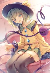  1girl absurdres adapted_costume black_hat black_thighhighs blue_eyes blush buttons chinese_commentary collarbone collared_shirt commentary_request commission diamond_button disembodied_linked_eye feet_out_of_frame frilled_shirt_collar frilled_sleeves frills green_hair green_shorts hair_between_eyes hat hat_ribbon heart heart_of_string highres indoors komeiji_koishi lap_pillow_invitation long_sleeves open_mouth ribbon second-party_source sekisei_(superego51) shirt short_hair short_shorts shorts sitting skeb_commission skindentation solo thigh-highs thighs touhou wide_sleeves yellow_ribbon yellow_shirt zettai_ryouiki 