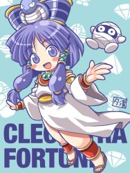  1girl ancient_egyptian anklet black_eyes blue_background blue_eyes blue_hair blue_hat blush_stickers bracer cleopatra_fortune commentary_request copyright_name creature detached_sleeves diamond_(gemstone) dress full_body hair_tubes hat jewelry long_sidelocks looking_at_viewer low-tied_sidelocks mummy necklace open_mouth patrako_(cleopatra_fortune) pearl_necklace pyramid_(structure) sash short_hair_with_long_locks sidelocks signature smile standing uraeus usekh_collar white_dress wide_sleeves yellow_sash yukiyo_kato 