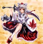  animal_ears bare_shoulders daishou detached_sleeves faux_traditional_media inubashiri_momiji leaf maple_leaf oil_painting_(medium) red_eyes shield short_hair solo speed_painting sword tail touhou weapon white_hair wolf_ears wolf_tail 