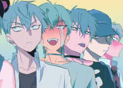  1boy alien_stage baseball_cap black_choker black_shirt blush choker collared_shirt crying green_eyes grey_choker grey_hair hat highres layered_shirt male_focus multiple_persona open_clothes open_shirt ptk77ro shirt short_hair streaming_tears tears till_(alien_stage) tongue tongue_out very_short_hair white_shirt yellow_background 