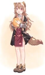  1girl :d absurdres animal_ears ankle_boots ball black_dress boots brown_boots brown_dress brown_hair child chinese_commentary collar collarbone commentary_request double-parted_bangs dress full_body hair_between_eyes hands_up highres holding holding_ball layered_dress leather leather_boots long_hair long_sleeves medium_dress messy_hair metal_collar metal_wrist_cuffs open_mouth pinstripe_dress pinstripe_pattern raccoon_ears raccoon_girl raccoon_tail raphtalia raphtalia_(young) red_dress red_eyes short_sleeves simple_background smile solo standing tail tanuki tate_no_yuusha_no_nariagari two-tone_dress white_background xingseyekong yellow_trim 