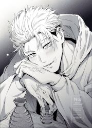  1boy bite_mark bite_mark_on_neck blush commentary_request cup drawstring elbows_on_table greyscale highres holding holding_cup hood hood_down hooded_jacket itadori_yuji jacket jujutsu_kaisen jujutsu_kaisen_modulo looking_at_viewer male_focus monochrome parted_lips scar scar_on_face scar_on_forehead scar_on_mouth solo takotakojuju teeth twitter_username veins veiny_hands watermark 
