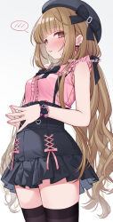  1girl beret black_bow black_bowtie black_hairband black_skirt black_thighhighs blush bow bowtie breasts brown_eyes brown_hair chiyosuke_(nosuke21) commentary_request commission cowboy_shot cross-laced_clothes cross-laced_skirt earrings embarrassed frilled_shirt frilled_skirt frills hairband hat highres idolmaster idolmaster_cinderella_girls jewelry jirai_kei long_hair looking_at_viewer miniskirt nail_polish own_hands_together parted_lips pink_shirt shirt sidelocks skeb_commission skirt sleeveless sleeveless_shirt small_breasts solo spoken_blush suspender_skirt suspenders sweat thigh-highs thighs twitter_username white_background wristband yorita_yoshino zettai_ryouiki 