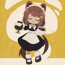  1girl :3 animal_ears apron black_dress black_shoes blush brown_hair brown_tail chibi closed_eyes closed_mouth coffee commentary_request contrast_collar cup dog_ears dog_girl dog_tail dress facing_viewer flower full_body hair_flower hair_ornament head_tilt highres holding holding_cup holding_saucer inui_toko long_hair long_sleeves low_ponytail maid_headdress mary_janes medium_dress nijisanji official_alternate_costume pinstripe_background ponytail puritan_collar sakana_(123oo) saucer shoes smile socks solo sparkle standing tail very_long_hair virtual_youtuber waist_apron waitress white_apron white_headdress white_socks yellow_background 
