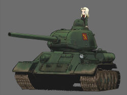  1girl blonde_hair blue_eyes caterpillar_tracks clara_(girls_und_panzer) commentary_request emblem girls_und_panzer green_jacket grey_background jacket long_hair long_sleeves military military_uniform military_vehicle motor_vehicle on_tank open_hatch pravda_(emblem) pravda_military_uniform red_shirt shimamura_miwa shirt simple_background solo soviet t-34 t-34-85 tank turtleneck 