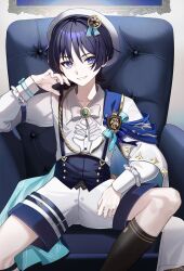  1boy aomiya_souju aqua_gem arm_at_side arm_strap black_corset black_trim blue_cape blue_ribbon blunt_ends bow bowtie brooch cape collarbone collared_shirt commentary_request corset couch curled_fingers eyeliner fingernails formal_clothes fringe-trimmed_cape gem genshin_impact gold gold_trim hand_up hat highres indoors insignia jewelry long_sleeves looking_at_viewer makeup male_focus official_alternate_costume open_hand open_mouth portrait_(object) purple_pupils red_eyeliner ribbon sailor_hat scaramouche_(genshin_impact) shirt shorts side_cape sitting solo striped_ribbon suspender_corset suspenders tsurime violet_eyes wanderer_(genshin_impact) wanderer_(resplendent_feast)_(genshin_impact) white_bow white_bowtie white_cape white_hat white_mouth white_shirt white_shorts white_sleeves white_trim wispy_bangs 