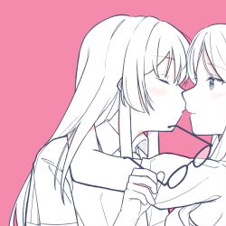  2girls absurdres akayukikaede arm_around_neck bang_dream! bang_dream!_it's_mygo!!!!! blue_eyes blush chihaya_anon closed_eyes collared_shirt commentary_request glasses highres holding holding_removed_eyewear imminent_kiss long_hair looking_at_another multiple_girls nagasaki_soyo pink_background shirt simple_background unworn_eyewear yuri 