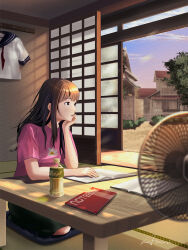  1girl amari black_neckerchief black_sailor_collar black_skirt blue_sky blurry blurry_foreground bottle brown_hair clouds commentary_request crew_neck cushion elbow_rest electric_fan evening floral_print grey_eyes hand_rest highres homework house indoors long_hair neckerchief open_mouth original parted_lips pink_shirt print_shirt sailor_collar sailor_shirt seiza shadow shirt short_sleeves shouji sitting skirt sky sliding_doors solo straight_hair t-shirt table tree undone_neckerchief unworn_shirt water_bottle white_shirt zabuton 