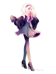  1girl 2014 armpits artist_name bare_shoulders black_jacket black_nails black_pantyhose black_shoes breasts colored_eyelashes dated dress eyelashes fingernails frilled_dress frilled_jacket frills full_body gahata_meiji gradient_clothes gradient_dress gradient_hair gradient_jacket gradient_necktie gradient_pantyhose grey_dress grey_hairband hair_over_shoulder hairband high_heels highres jacket jacket_partially_removed long_hair long_sleeves looking_at_viewer multicolored_hair multicolored_pantyhose nail_polish necktie official_art open_mouth pantyhose pink_dress pink_eyes pink_hair pink_necktie profile purple_dress purple_jacket purple_necktie purple_pantyhose shoes simple_background sleeveless sleeveless_dress sleeves_past_fingers sleeves_past_wrists small_breasts smile solo souno_kazuki standing teeth third-party_source tongue upper_teeth_only utau white_background white_hair yellow_pantyhose 