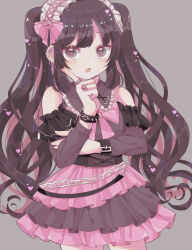  1girl :o bare_shoulders belt black_dress black_gloves black_hair blush bow bracelet chain chibana_sora clothing_cutout commentary cowboy_shot dress ear_piercing earrings fingerless_gloves frilled_dress frilled_hairband frills gloves grey_background hair_bow hairband hand_on_own_chin heart heart-shaped_pupils highres jewelry jirai_kei long_hair long_sleeves looking_at_viewer maid_headdress multicolored_hair nail_polish open_mouth original piercing pink_bow pink_hair pink_skirt ring shoulder_cutout simple_background skirt solo symbol-shaped_pupils twintails very_long_hair 